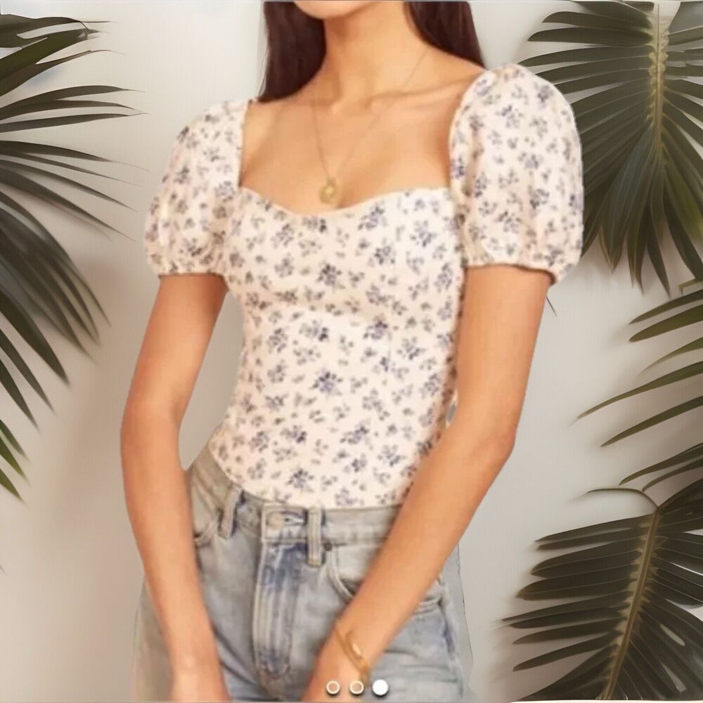 Reformation Casterly Gracie Linen White Floral Tie Back Blouse SZ 6 NWT